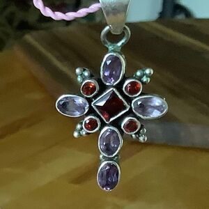 STERLING SILVER 925 GARNET AMETHYST MULTI-STONE CROSS PENDANT​​